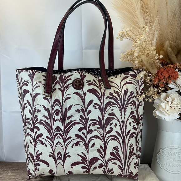Tory Burch Kerrington Wonderland Burgundy Cream Tote Hand Shoulder Bag - Picture 4 of 17
